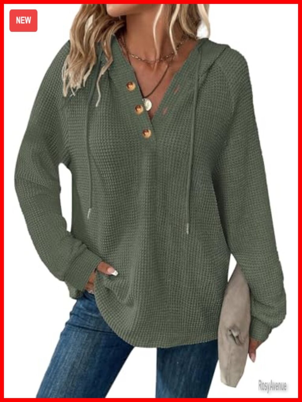 Waffle Knit Oversized Hoodie V Neck Button Down Drawstring Pullover